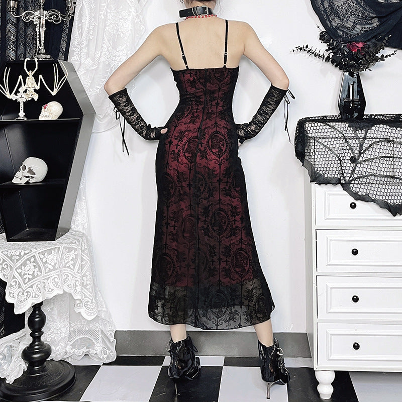 Vintage Gothic Halter Top Dress with Floral Print