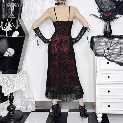 Vintage Gothic Halter Top Dress with Floral Print