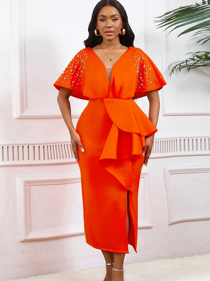 Elegant V-Neck Ruffle Hem Evening Dress