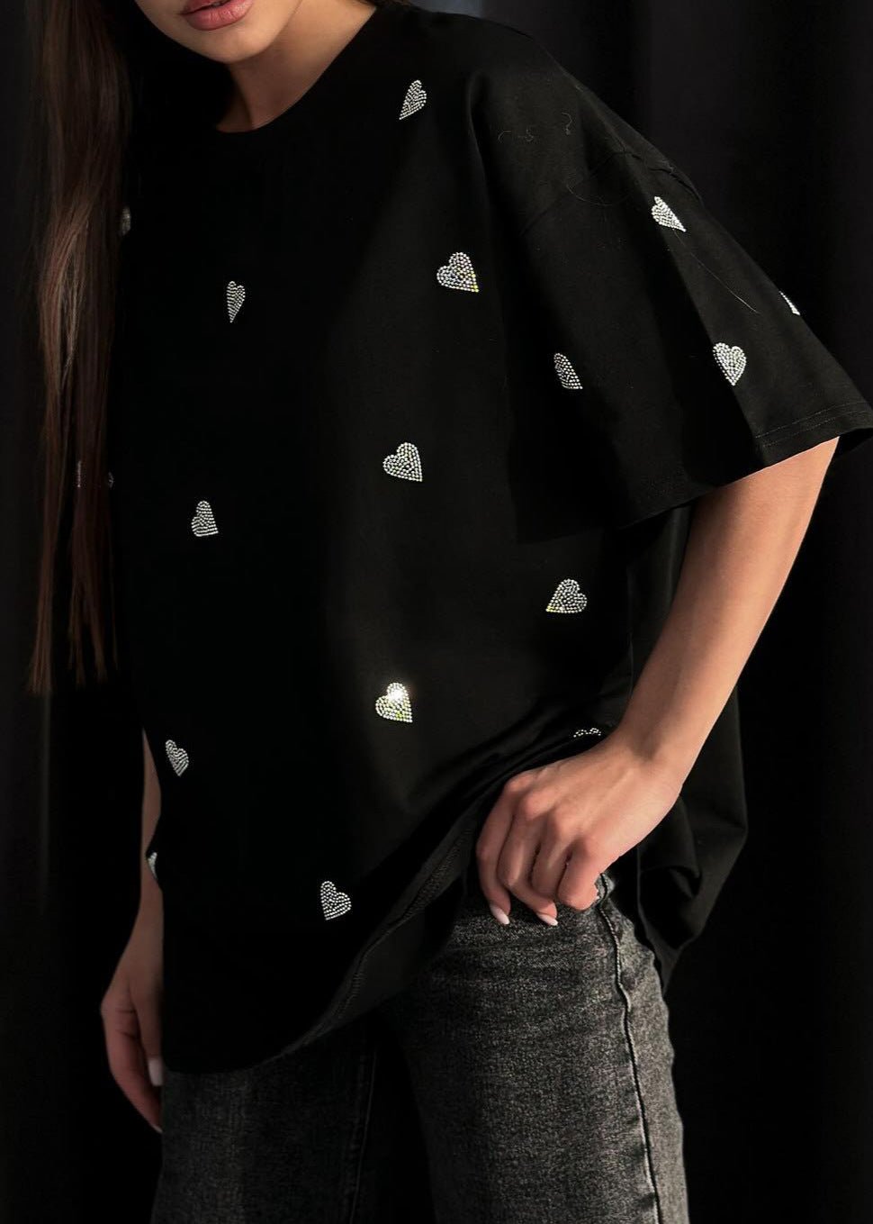 Oversized Black Cotton T Shirt With Sparkling Hearts