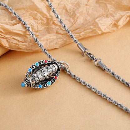 S925 Silver-Plated Rotating Six-Character Mantra Sutra Pendant, Men'S And Women'S Tibetan Style Retro And Old Necklace