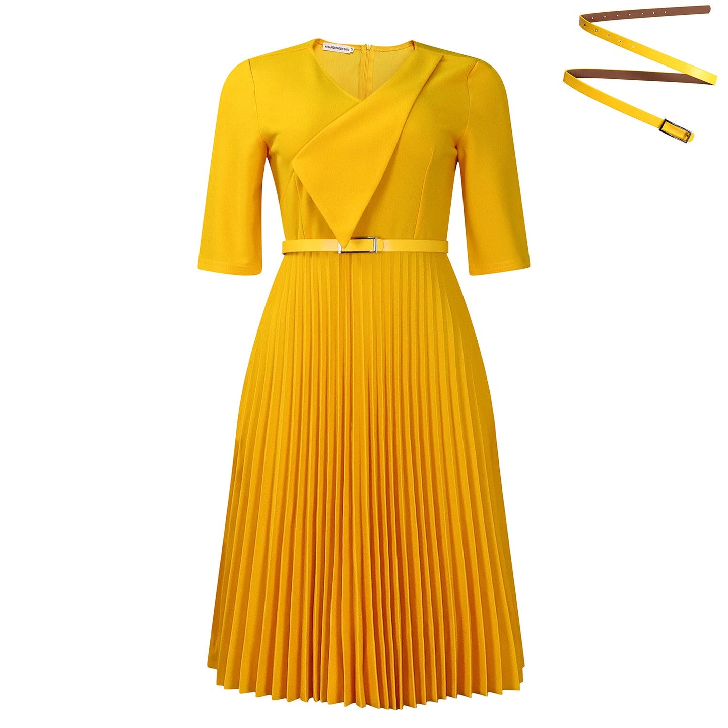 Elegant V-Neck A-Line Dress With Belt In Solid Colors