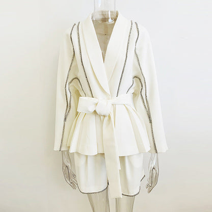 Batwing Sleeve Belted Blazer Shorts Set Elegant Style