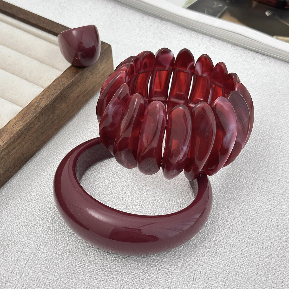 Burgundy Curve-Wave Bracelet Trendy Casual Elastic Bangle