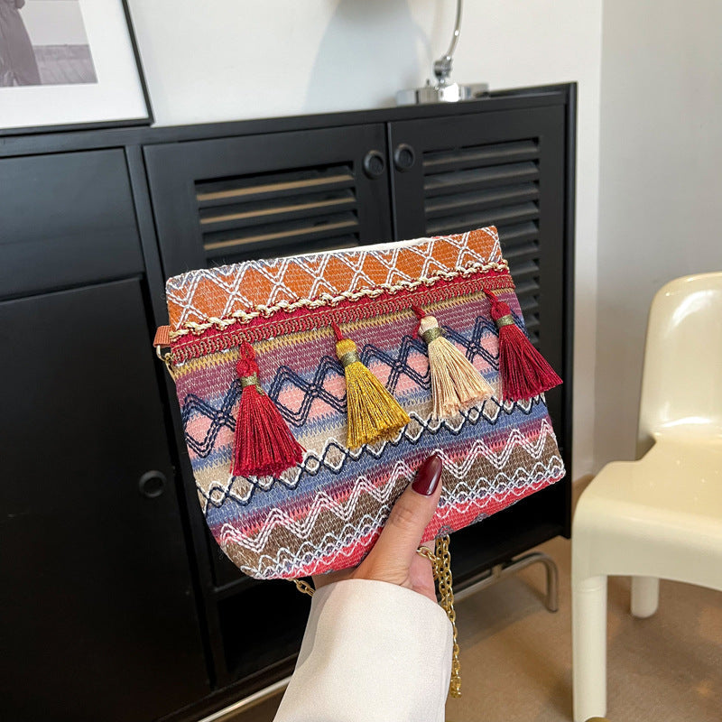 Trendy Woven Fringe Shoulder Bag Cotton
