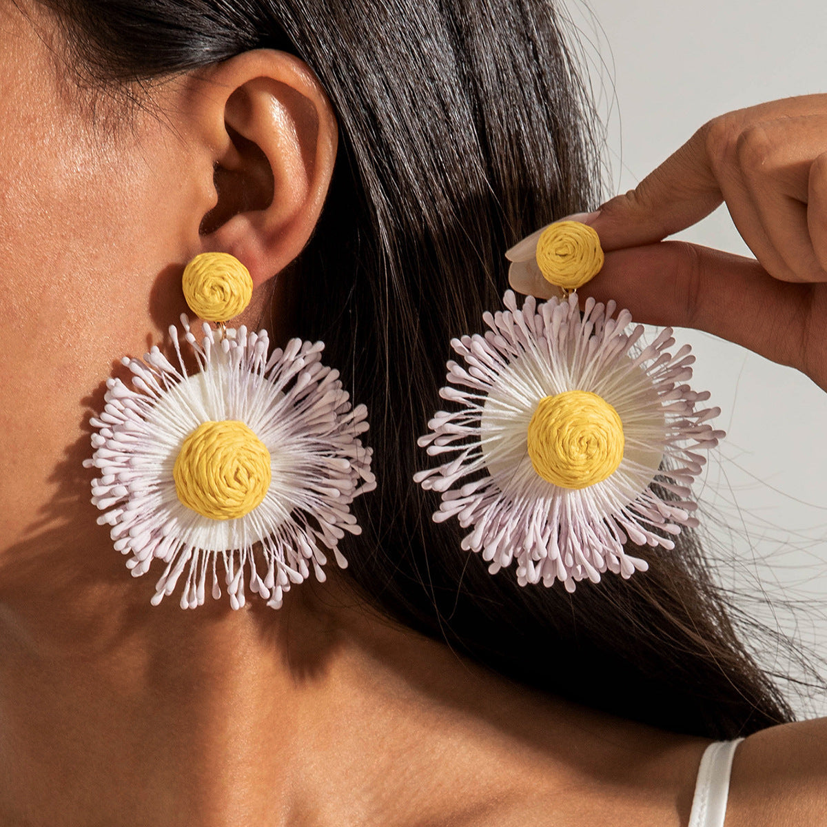 Handmade Woven Raffia Vacation Earrings Floral Design