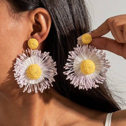 Handmade Woven Raffia Vacation Earrings Floral Design