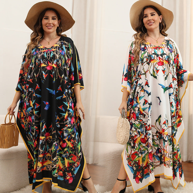 Plus Size Dress Beach Smock Bohemian Vacation Gown Bikini Sun Protection Cover Up