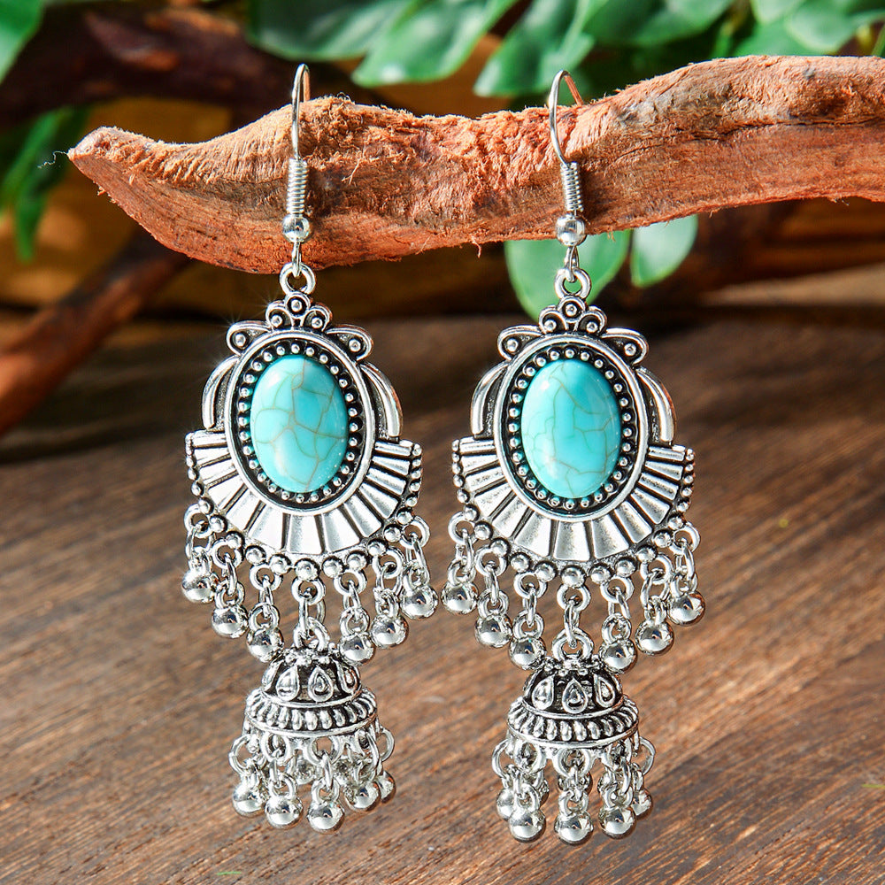 Bohemian Style Turquoise Earrings Set Oval Tassel Dangle Jewelry