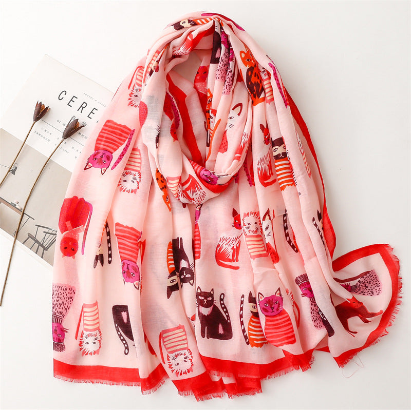 Spring And Autumn Sunscreen Cute Cat Paradise Printed Silk Scarf Satin Cotton Long Scarf