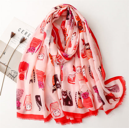 Spring And Autumn Sunscreen Cute Cat Paradise Printed Silk Scarf Satin Cotton Long Scarf