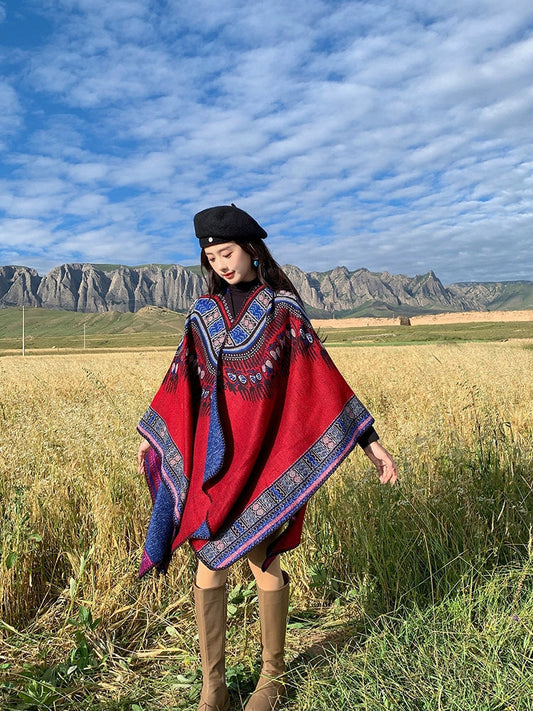 Tibetan Great Retro Totem Red Warm Outer Shawl Women'S Scarf Autumn And Winter Cloak Big Cloak