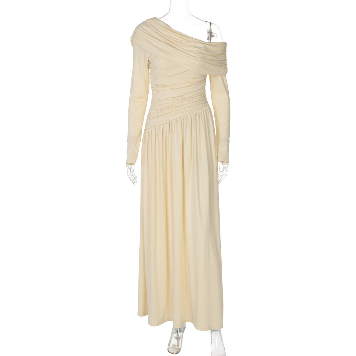 Elegant Off-Shoulder Solid Color Dress with Ruched Waist