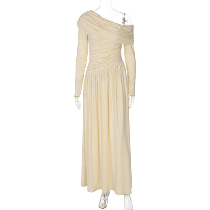 Elegant Off-Shoulder Solid Color Dress with Ruched Waist