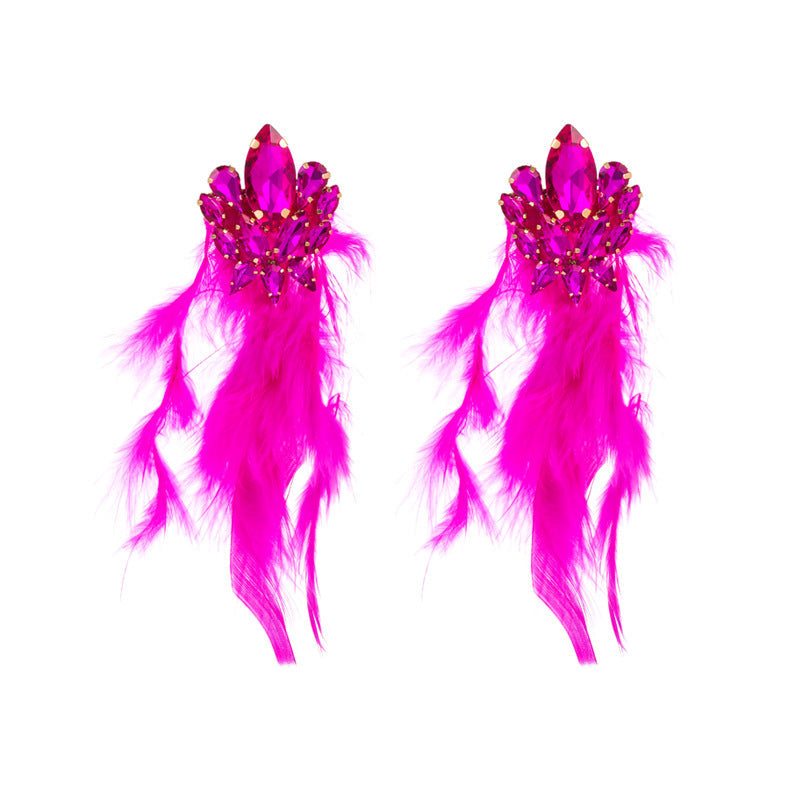 Bohemian Floral Alloy Rhinestone Long Feather Tassel Earrings