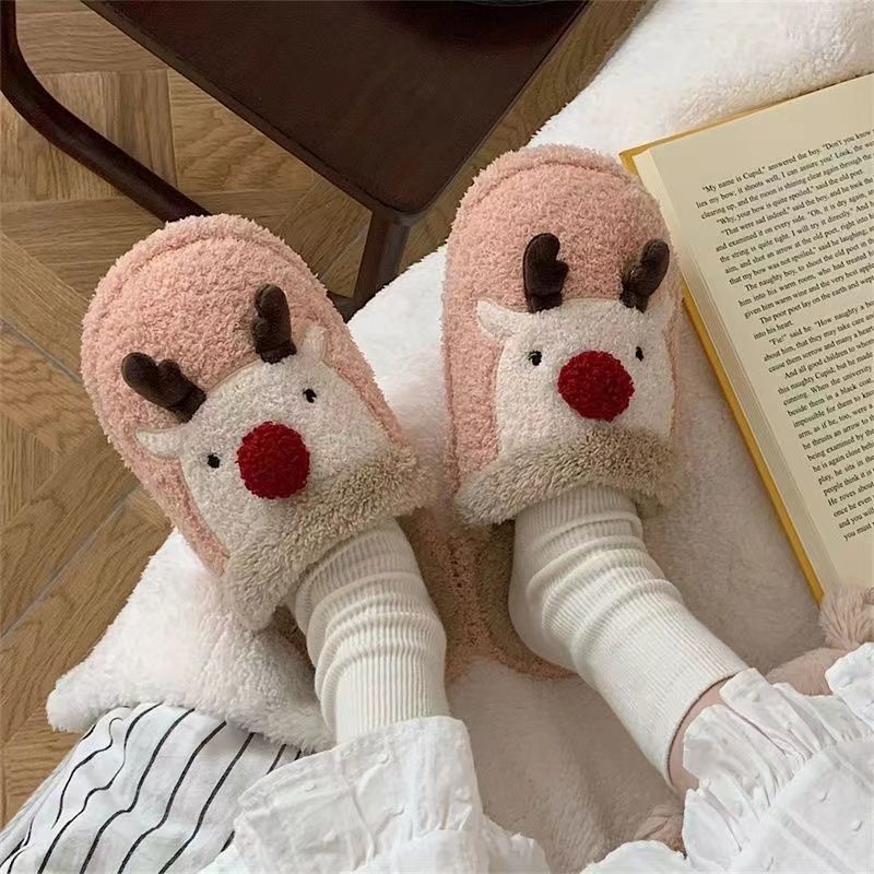 Winter Fuzzy Plush Reindeer Indoor Slippers