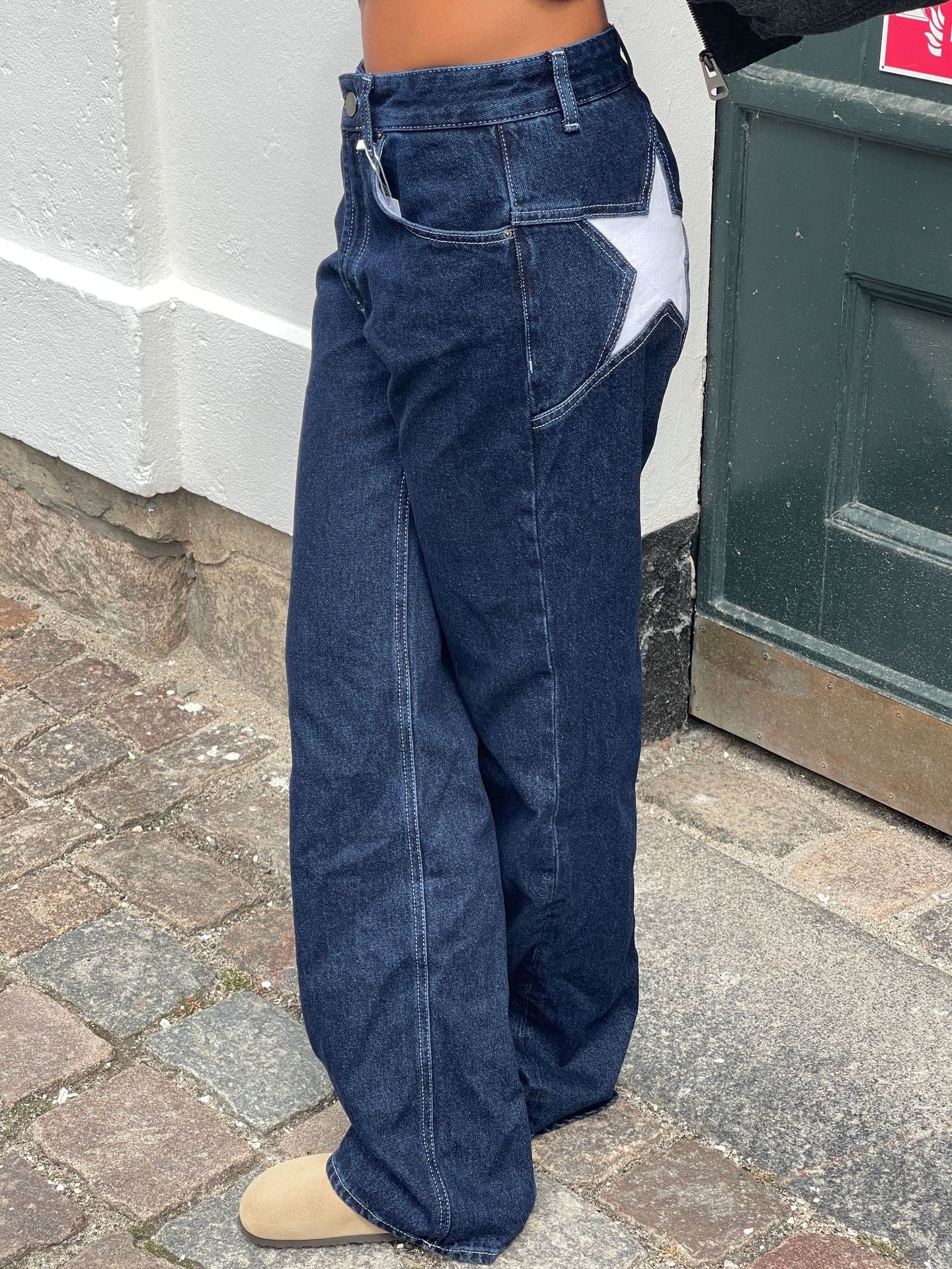 Trendy Color Contrast Splicing Star Denim Pants