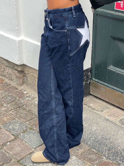 Trendy Color Contrast Splicing Star Denim Pants