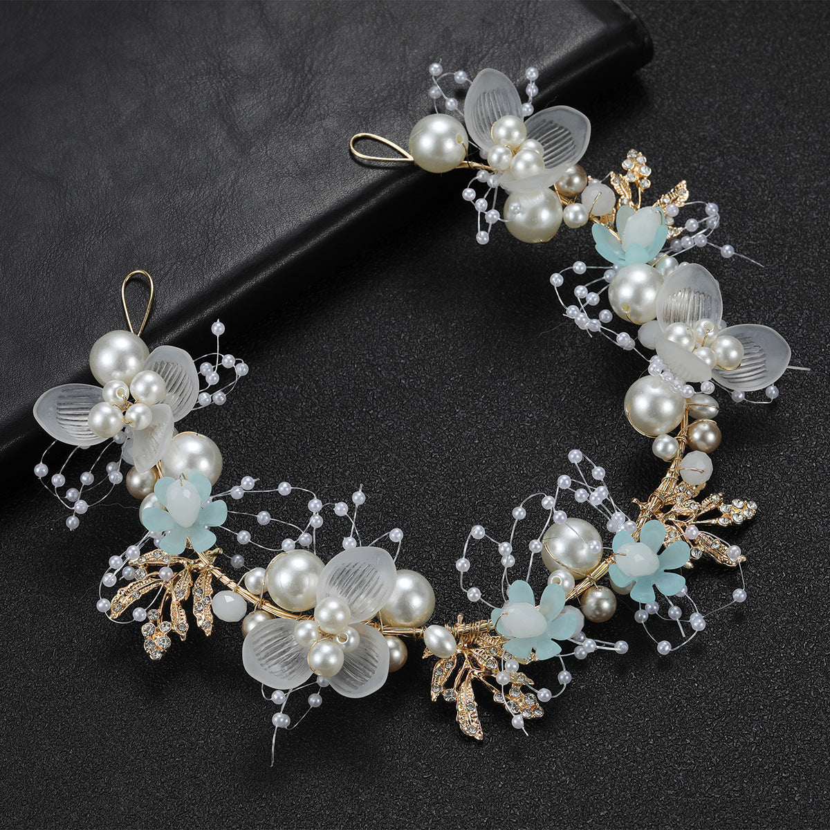 Bridal Pearl Flower Headband with Gold Leaf Accents