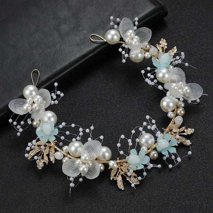 Bridal Pearl Flower Headband with Gold Leaf Accents