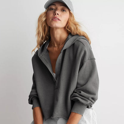 Fashionable Half-Zip Hooded Sweatshirt with Decorative Lines for Women