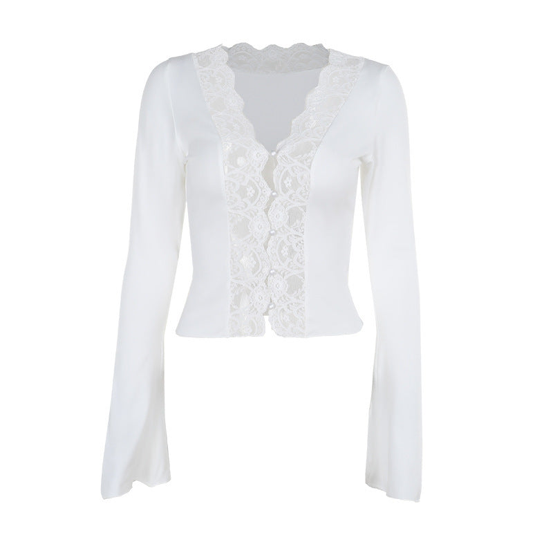 V-Neck Lace Button Top Stylish Casual Women's Blouse