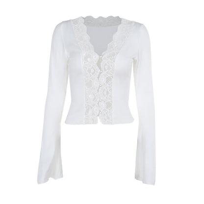 V-Neck Lace Button Top Stylish Casual Women's Blouse