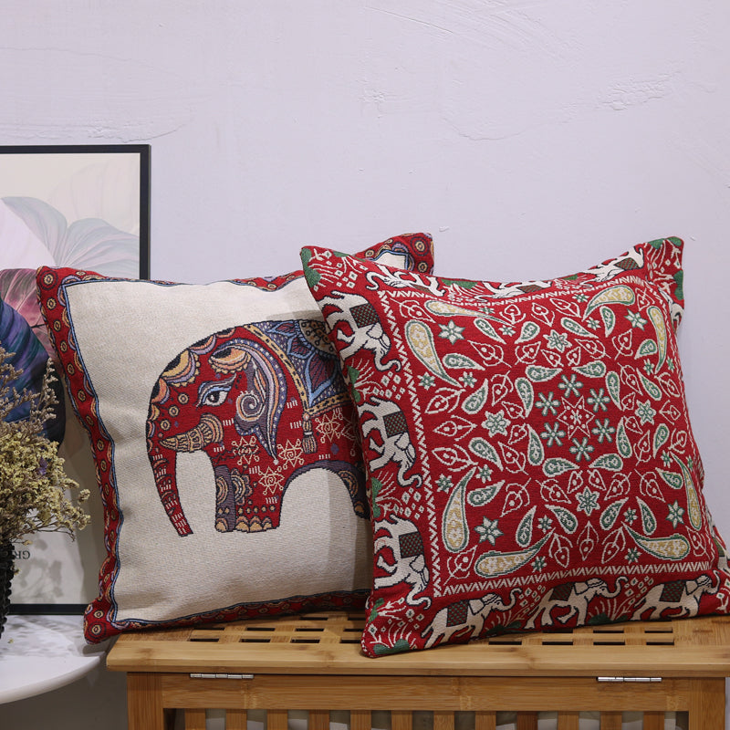 Double Side Embroidered Elephant Cotton Linen Pillowcase Sofa Back, Bedside Cushion Cover