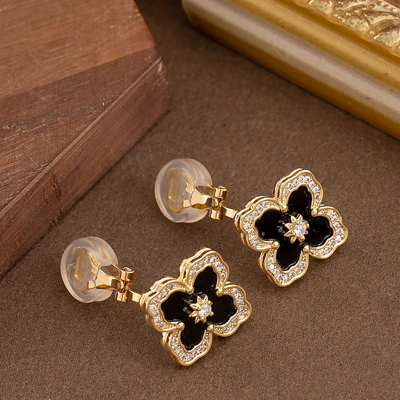 Gold Four Leaf Clover Zirconia Ear Clips For Women
