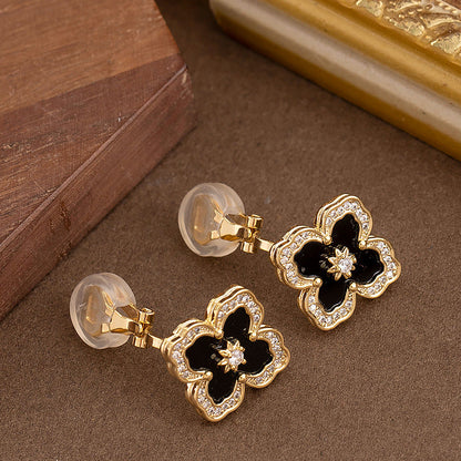 Gold Four Leaf Clover Zirconia Ear Clips For Women