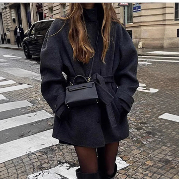 Solid Color Belted Wool Blend Coat for Women