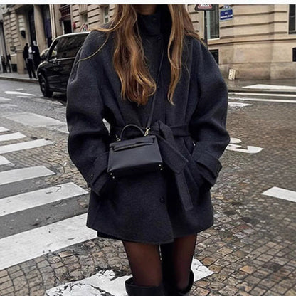 Solid Color Belted Wool Blend Coat for Women