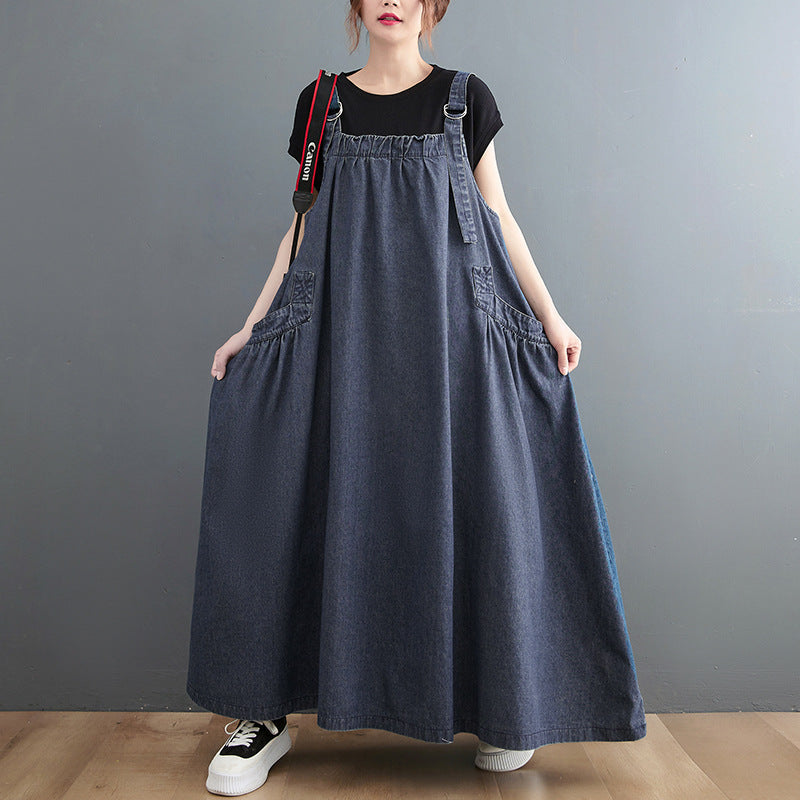 Spring/Summer New Loose Slim Denim Slim Strap Long Dress Large Swing Dress
