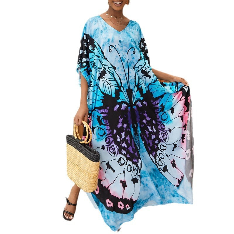 New Cotton Positioning Printed Beach Blouse, Robe-Style Holiday Sunscreen Shirt, Bikini Outer Blouse