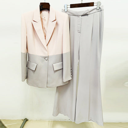 Color Block Blazer And Flare Pants Set