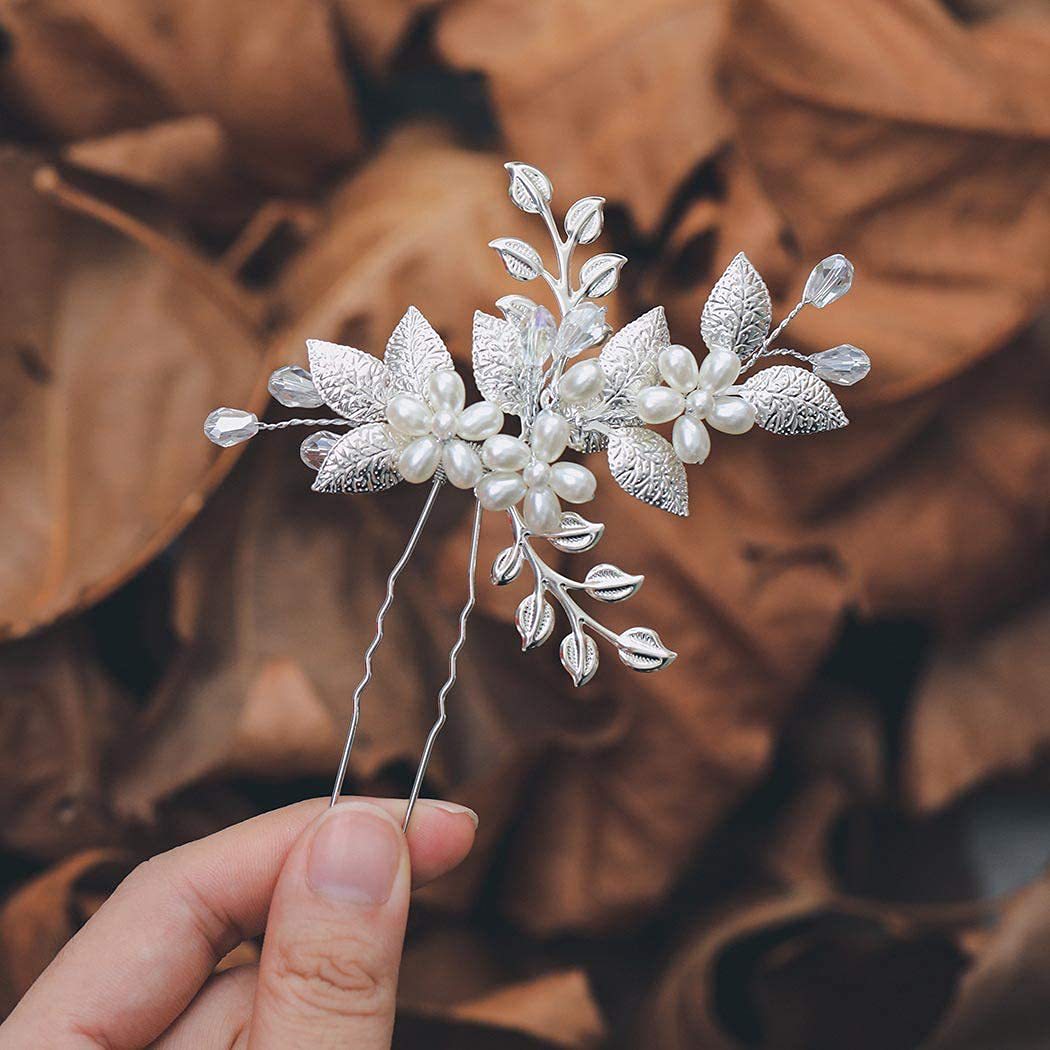 Silver Leaf Handmade Pearl Crystal U-Shaped Hairpin Wedding Hair Accessory