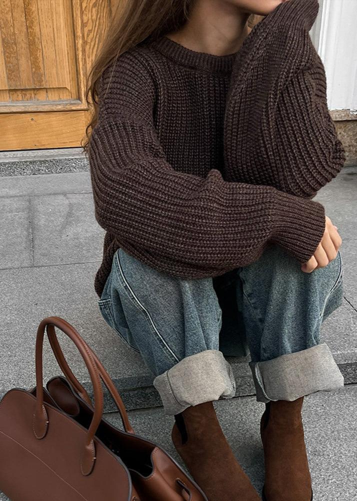 Chunky Knit Pullover Sweater Dark Brown