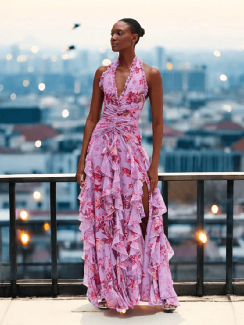 Elegant Floral Ruffle Waist Midi Dress