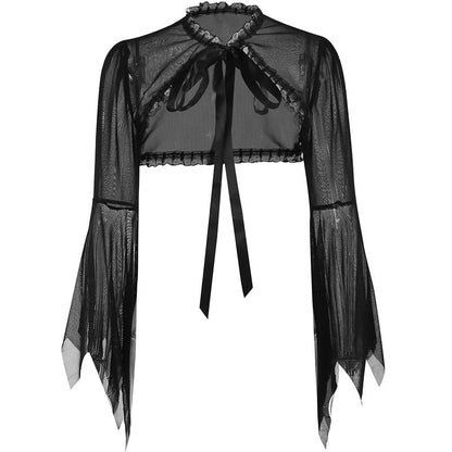 Sheer Lace Panel Long Sleeve Top with Tie Band