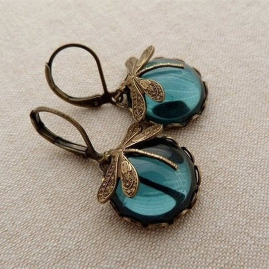 Vintage Dragonfly Green Crystal Pendant Earrings Bohemian Earrings