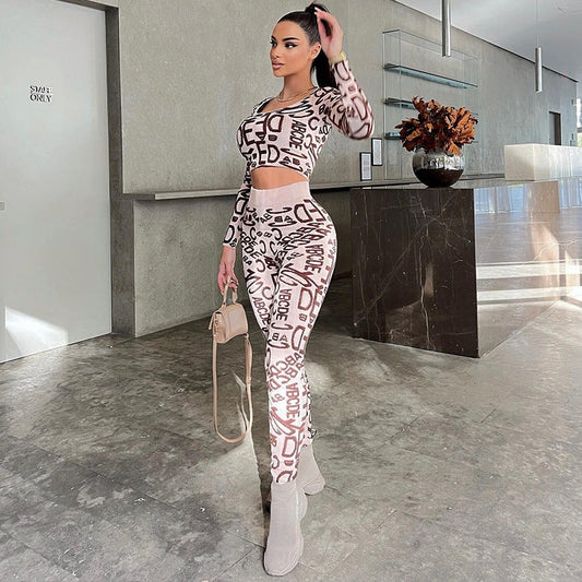 Trendy Letter Print Round Neck Long Sleeve Top & High-Waisted Leggings Set