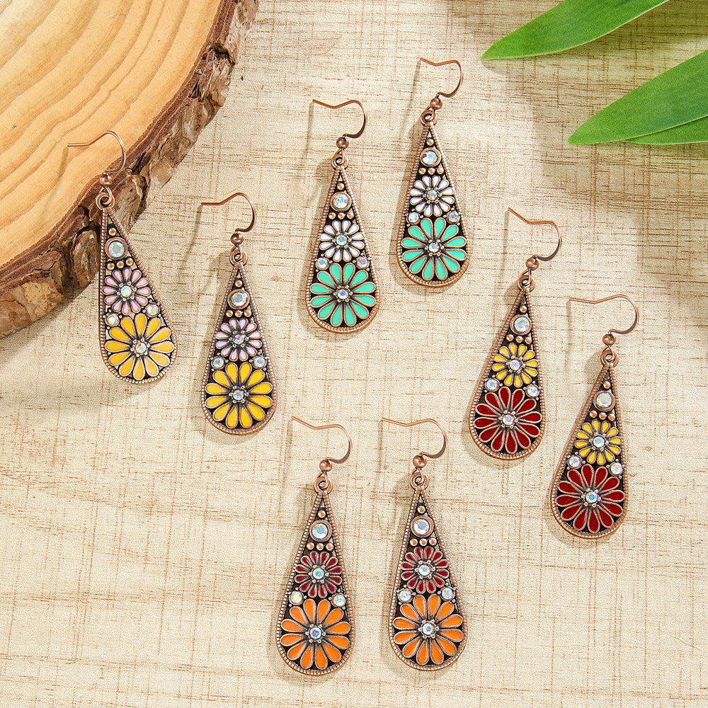 Bohemian Daisy Drop Earrings with Colorful Water Drop Design