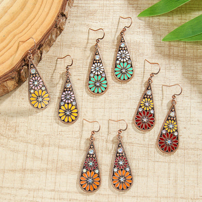 Bohemian Daisy Drop Earrings with Colorful Water Drop Design