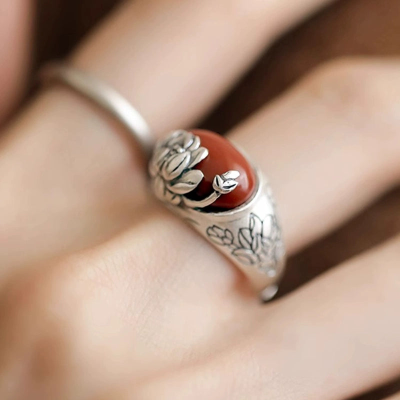 Agate Lotus S925 Silver Ring Women'S 2024 New Niche Design Retro Style Index Finger Ring Mother'S Day Gift