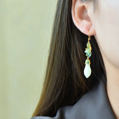 925 Silver Plated Magnolia Flower White Jade Retro Palace Style Long Women'S Earrings