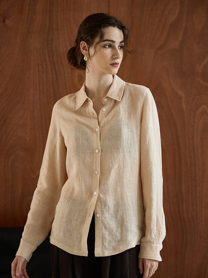 Relaxed Fit Solid Color Linen Shirt For Women