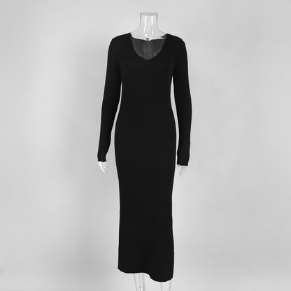 Solid Color Long Sleeve Bodycon Dress V-Neck Elegant Knit Dress