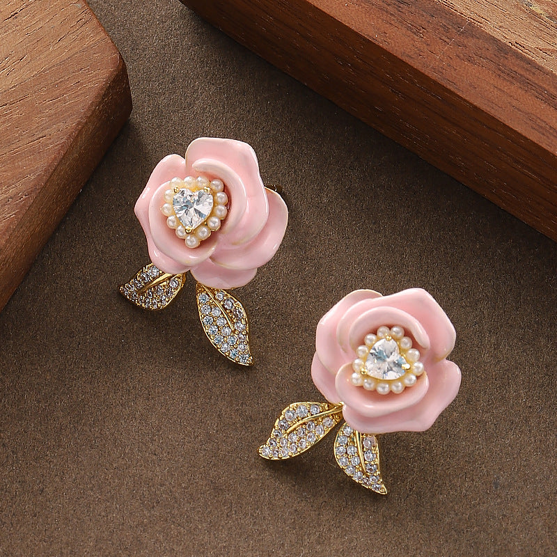 Elegant Rose Flower Stud Earrings With Zirconia - Stylish Floral Accessories