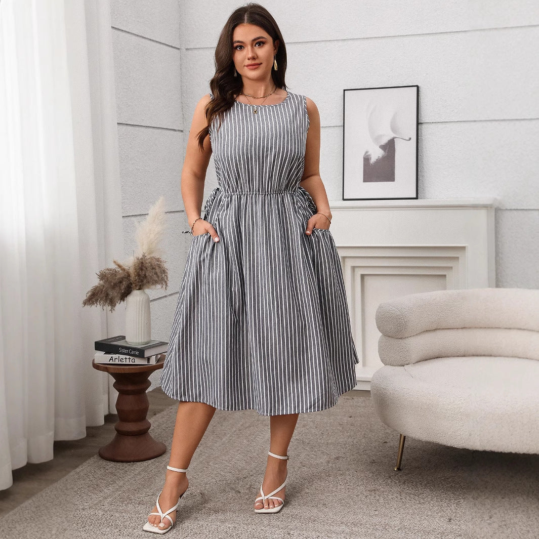 Stylish Striped Pocket Sleeveless Midi Dress for Casual Wear
