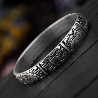 Vintage Thai Silver Auspicious Eight Treasures Bracelet Worn-Out Black Tibetan Silver Bracelet Miao Silver Jewelry Handmade Ethnic Style Woman